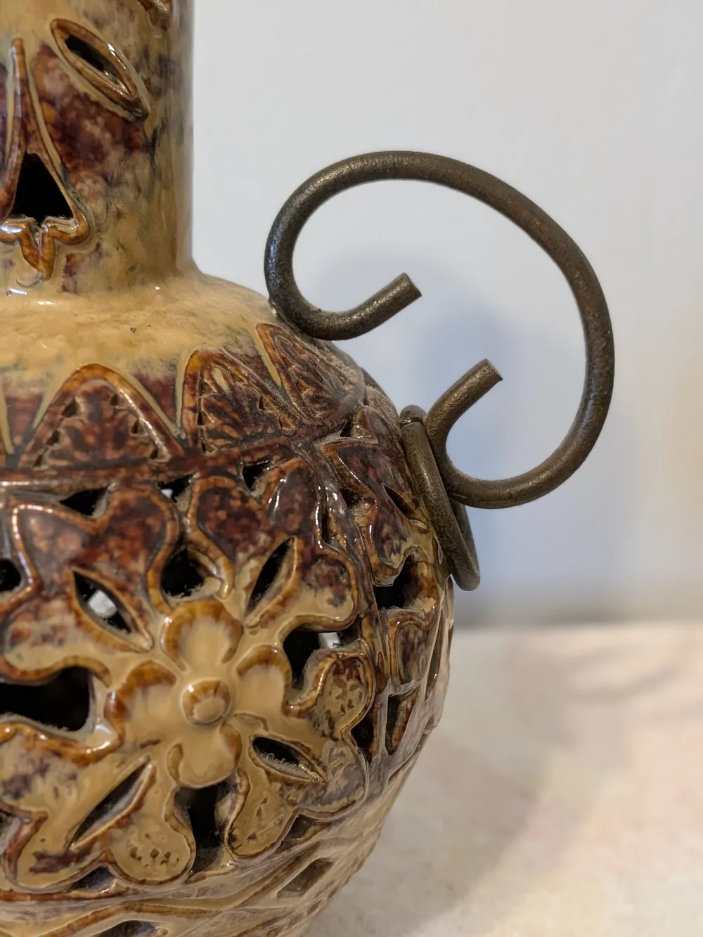 Vintage Glazed Ceramic Pierced Vase With Metal Handles